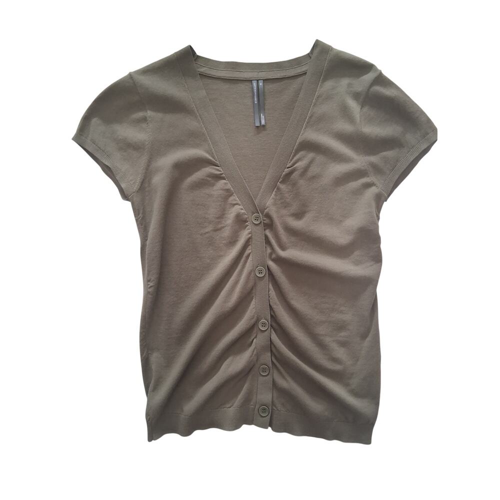 Anthropologie Olive Green Ruched Button-Front Short Sleeve Top Women's M